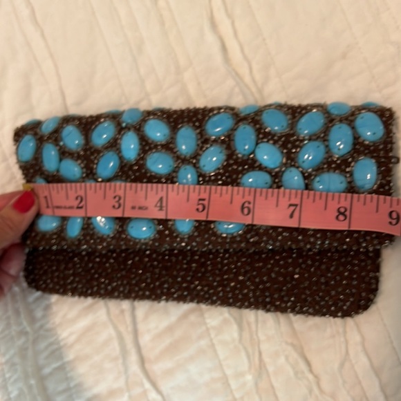 Moyna Anthropologie Beaded Clutch Turquoise Beads on Brown Beaded background - Picture 7 of 12